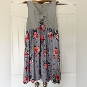 Gray Floral Midi Dress with Pink Rose Print